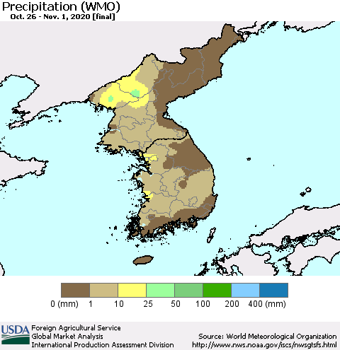 Korea Precipitation (WMO) Thematic Map For 10/26/2020 - 11/1/2020