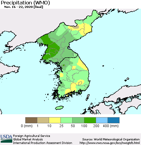 Korea Precipitation (WMO) Thematic Map For 11/16/2020 - 11/22/2020