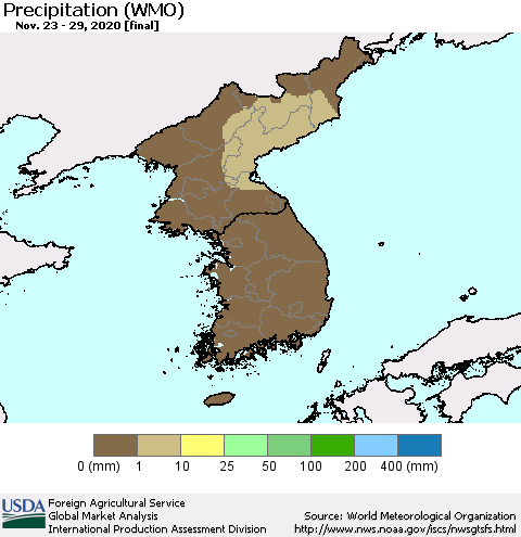 Korea Precipitation (WMO) Thematic Map For 11/23/2020 - 11/29/2020