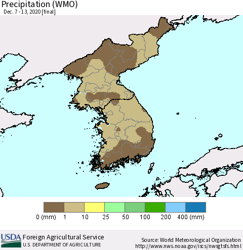 Korea Precipitation (WMO) Thematic Map For 12/7/2020 - 12/13/2020