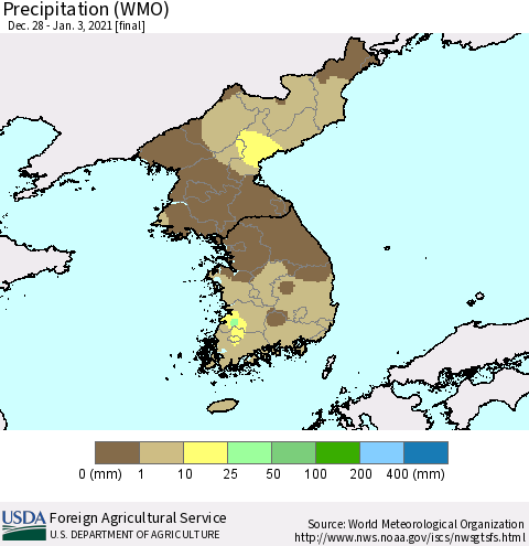 Korea Precipitation (WMO) Thematic Map For 12/28/2020 - 1/3/2021