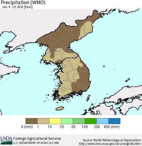 Korea Precipitation (WMO) Thematic Map For 1/4/2021 - 1/10/2021