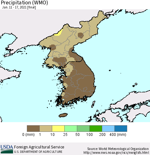 Korea Precipitation (WMO) Thematic Map For 1/11/2021 - 1/17/2021