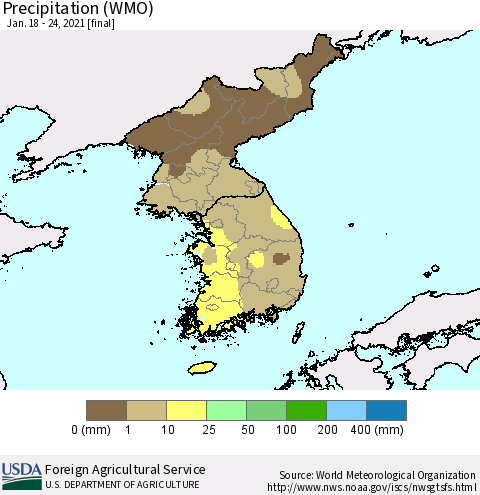 Korea Precipitation (WMO) Thematic Map For 1/18/2021 - 1/24/2021