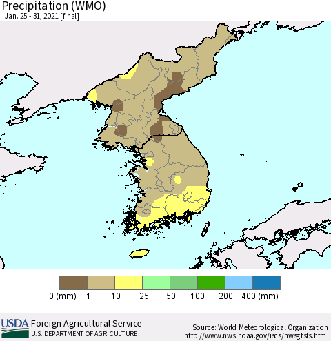 Korea Precipitation (WMO) Thematic Map For 1/25/2021 - 1/31/2021