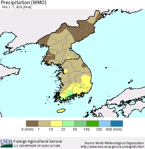 Korea Precipitation (WMO) Thematic Map For 2/1/2021 - 2/7/2021