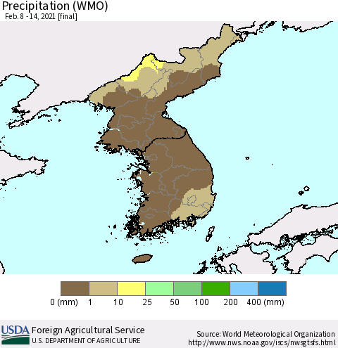 Korea Precipitation (WMO) Thematic Map For 2/8/2021 - 2/14/2021