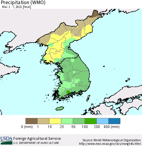 Korea Precipitation (WMO) Thematic Map For 3/1/2021 - 3/7/2021