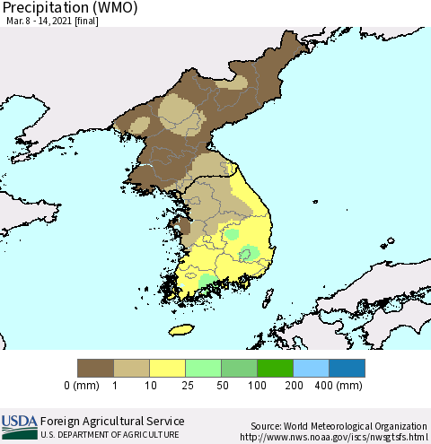 Korea Precipitation (WMO) Thematic Map For 3/8/2021 - 3/14/2021