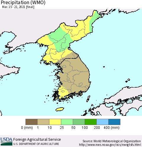 Korea Precipitation (WMO) Thematic Map For 3/15/2021 - 3/21/2021
