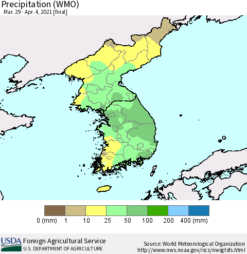 Korea Precipitation (WMO) Thematic Map For 3/29/2021 - 4/4/2021