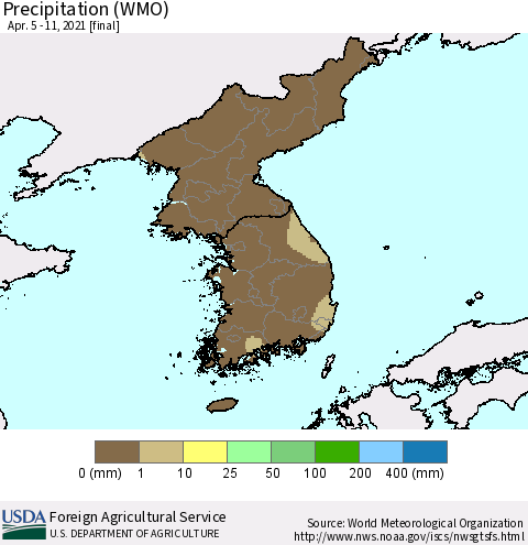 Korea Precipitation (WMO) Thematic Map For 4/5/2021 - 4/11/2021