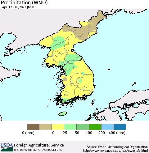 Korea Precipitation (WMO) Thematic Map For 4/12/2021 - 4/18/2021