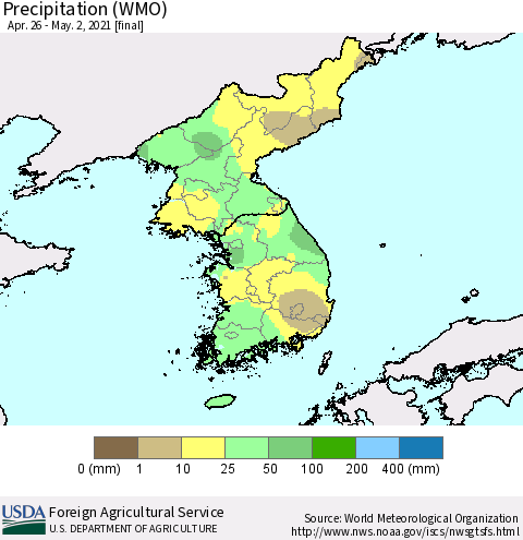 Korea Precipitation (WMO) Thematic Map For 4/26/2021 - 5/2/2021