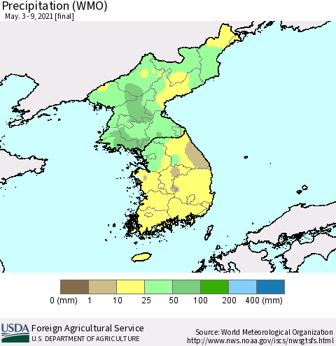 Korea Precipitation (WMO) Thematic Map For 5/3/2021 - 5/9/2021
