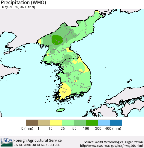 Korea Precipitation (WMO) Thematic Map For 5/24/2021 - 5/30/2021