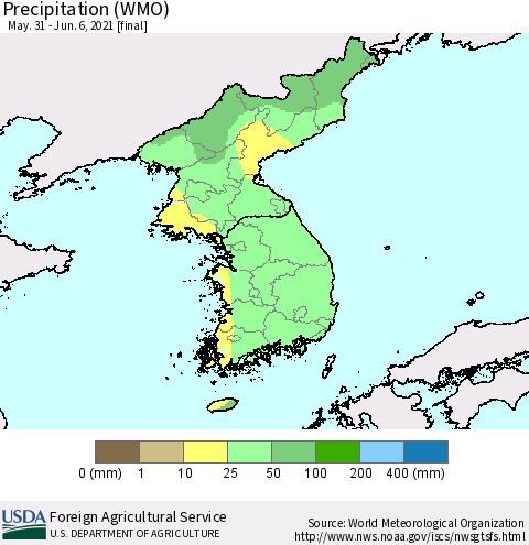 Korea Precipitation (WMO) Thematic Map For 5/31/2021 - 6/6/2021