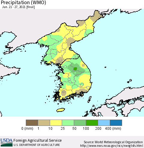 Korea Precipitation (WMO) Thematic Map For 6/21/2021 - 6/27/2021