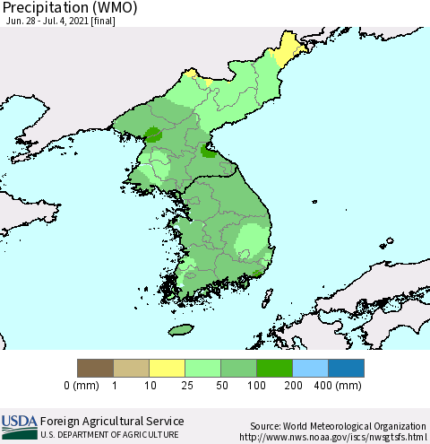 Korea Precipitation (WMO) Thematic Map For 6/28/2021 - 7/4/2021