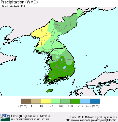 Korea Precipitation (WMO) Thematic Map For 7/5/2021 - 7/11/2021