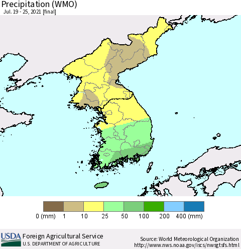 Korea Precipitation (WMO) Thematic Map For 7/19/2021 - 7/25/2021