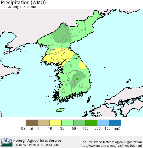 Korea Precipitation (WMO) Thematic Map For 7/26/2021 - 8/1/2021