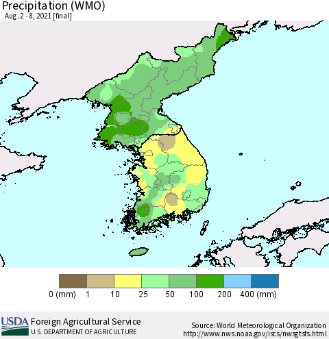 Korea Precipitation (WMO) Thematic Map For 8/2/2021 - 8/8/2021