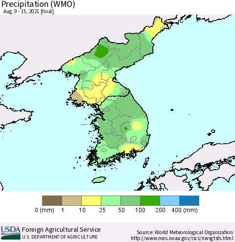 Korea Precipitation (WMO) Thematic Map For 8/9/2021 - 8/15/2021