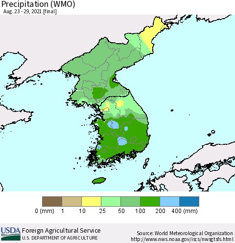 Korea Precipitation (WMO) Thematic Map For 8/23/2021 - 8/29/2021