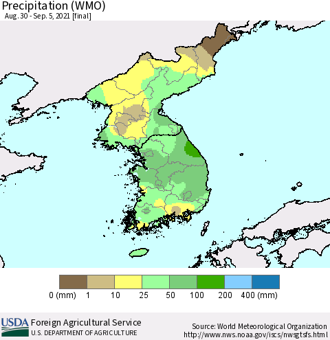 Korea Precipitation (WMO) Thematic Map For 8/30/2021 - 9/5/2021