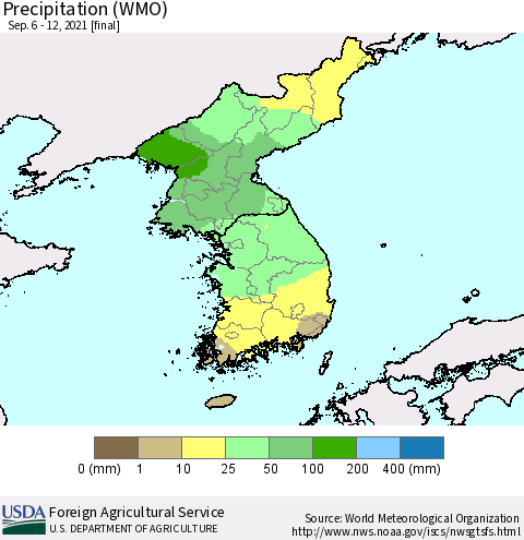 Korea Precipitation (WMO) Thematic Map For 9/6/2021 - 9/12/2021