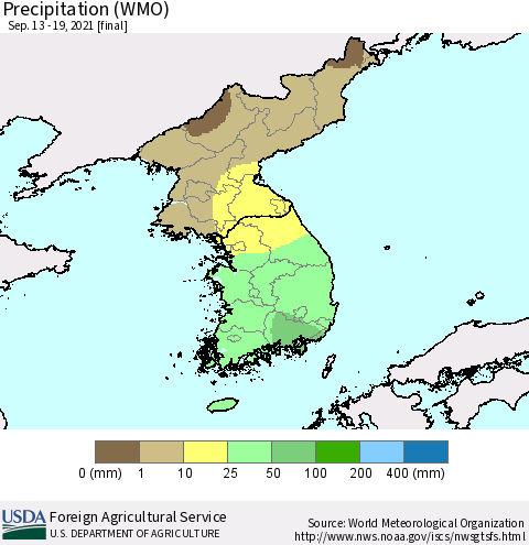 Korea Precipitation (WMO) Thematic Map For 9/13/2021 - 9/19/2021