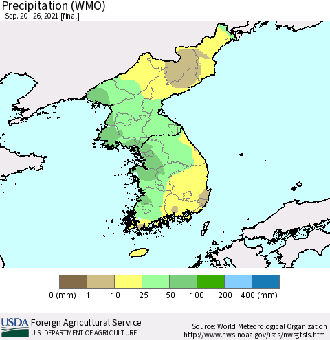 Korea Precipitation (WMO) Thematic Map For 9/20/2021 - 9/26/2021