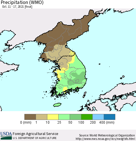 Korea Precipitation (WMO) Thematic Map For 10/11/2021 - 10/17/2021