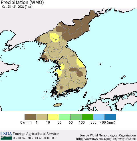 Korea Precipitation (WMO) Thematic Map For 10/18/2021 - 10/24/2021
