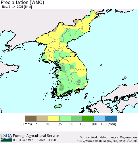 Korea Precipitation (WMO) Thematic Map For 11/8/2021 - 11/14/2021