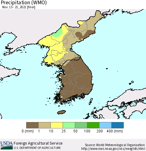 Korea Precipitation (WMO) Thematic Map For 11/15/2021 - 11/21/2021