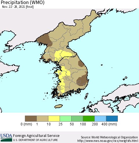 Korea Precipitation (WMO) Thematic Map For 11/22/2021 - 11/28/2021