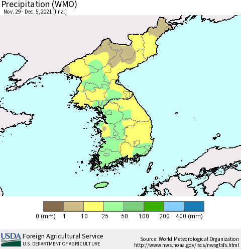 Korea Precipitation (WMO) Thematic Map For 11/29/2021 - 12/5/2021