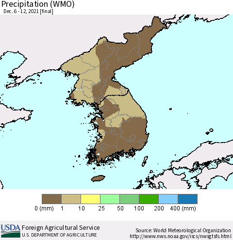 Korea Precipitation (WMO) Thematic Map For 12/6/2021 - 12/12/2021