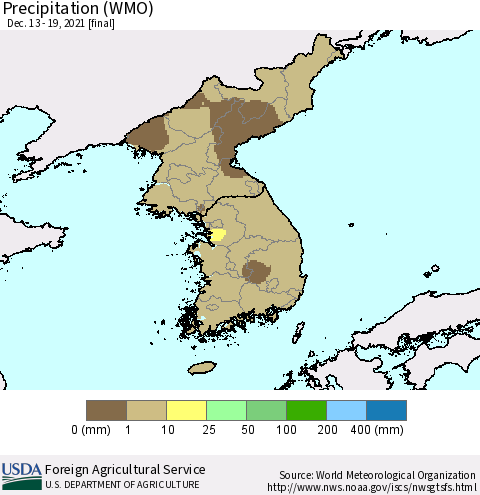 Korea Precipitation (WMO) Thematic Map For 12/13/2021 - 12/19/2021