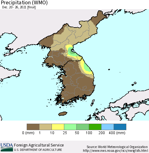 Korea Precipitation (WMO) Thematic Map For 12/20/2021 - 12/26/2021