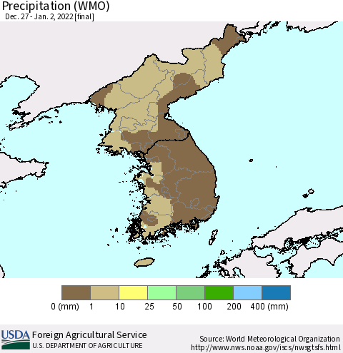 Korea Precipitation (WMO) Thematic Map For 12/27/2021 - 1/2/2022