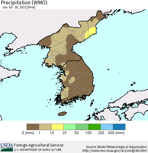 Korea Precipitation (WMO) Thematic Map For 1/10/2022 - 1/16/2022