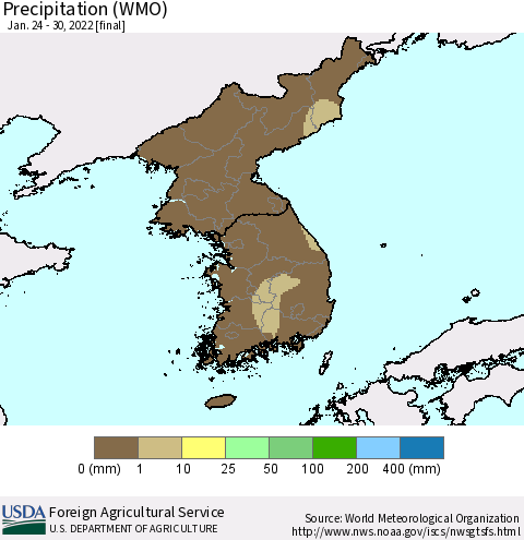 Korea Precipitation (WMO) Thematic Map For 1/24/2022 - 1/30/2022