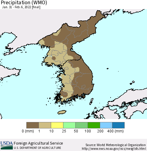 Korea Precipitation (WMO) Thematic Map For 1/31/2022 - 2/6/2022