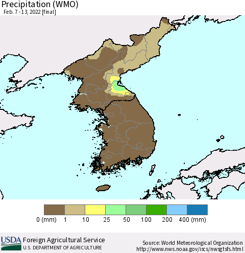 Korea Precipitation (WMO) Thematic Map For 2/7/2022 - 2/13/2022