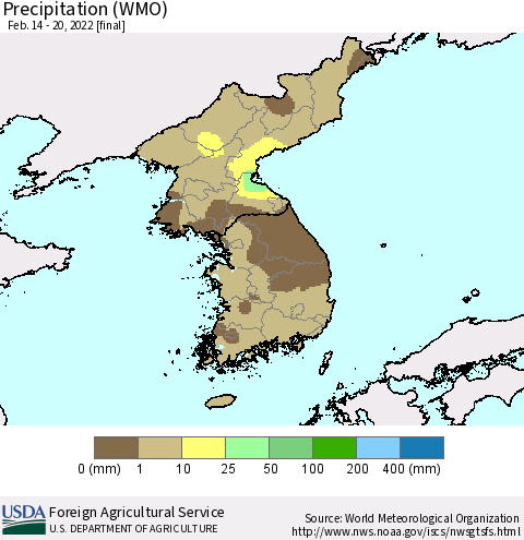 Korea Precipitation (WMO) Thematic Map For 2/14/2022 - 2/20/2022