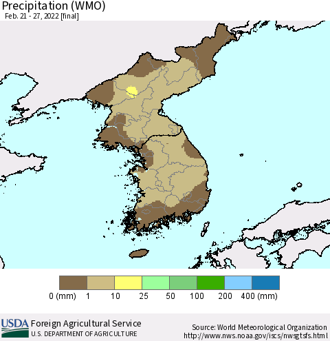 Korea Precipitation (WMO) Thematic Map For 2/21/2022 - 2/27/2022