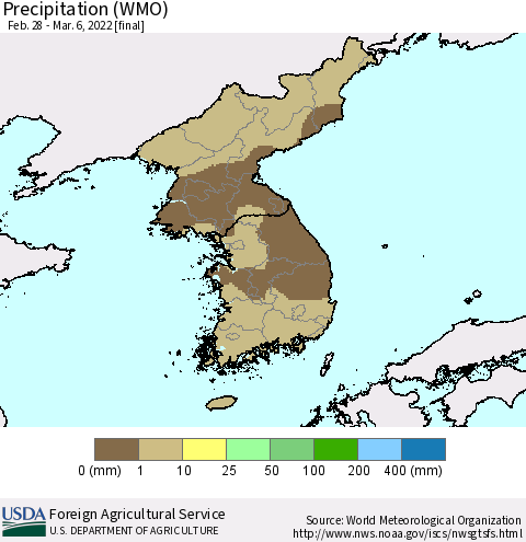 Korea Precipitation (WMO) Thematic Map For 2/28/2022 - 3/6/2022